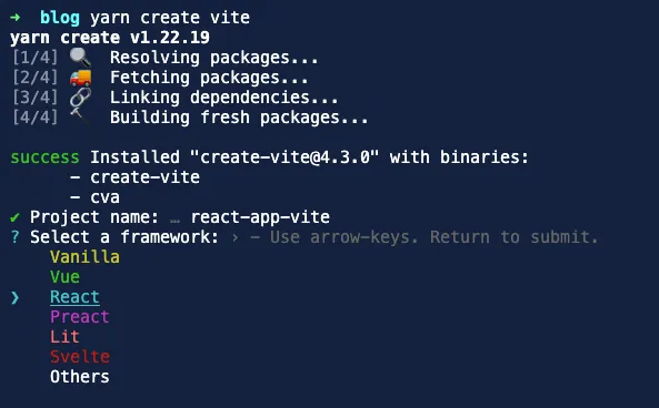 De CRA a ViteJS: selecionando lib/framework no comando de criacao de projeto com vite